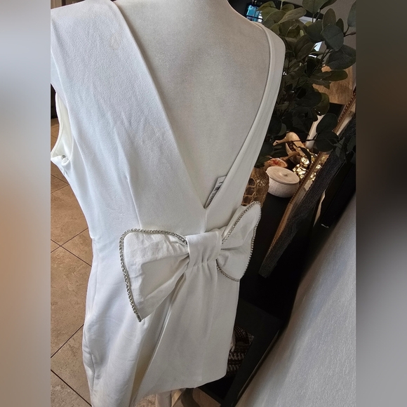 New York & Company Lena Bow Back White/ Silver Mini Dress Gown Size L - Picture 6 of 8